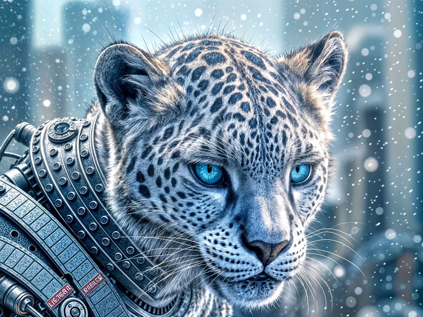 Newborn Snow Leopard Cyborg in Snowy City
