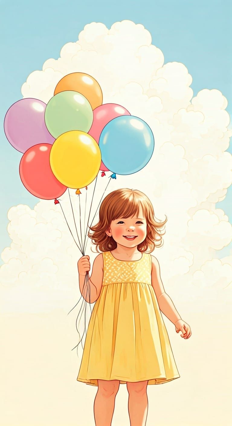Toddler with Balloons in Beatrix Potter Style