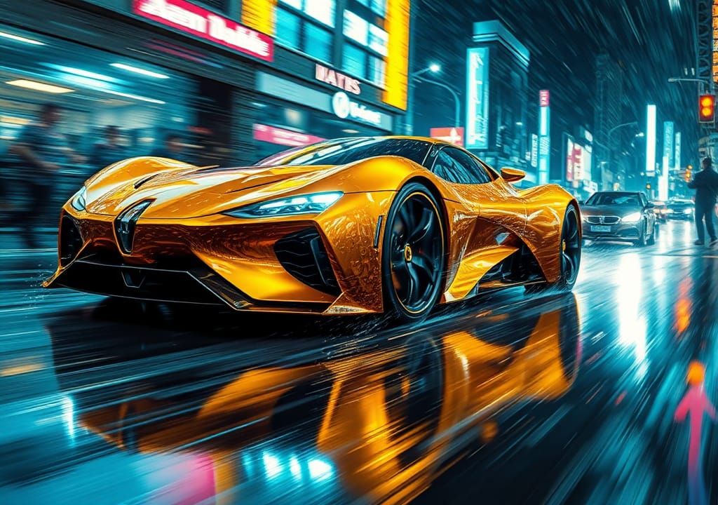 Futuristic Golden Supercar in Rainy Neon City