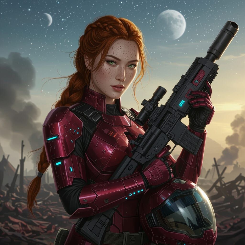 Brave Warrior Woman in Red Armor with Laser Rifle