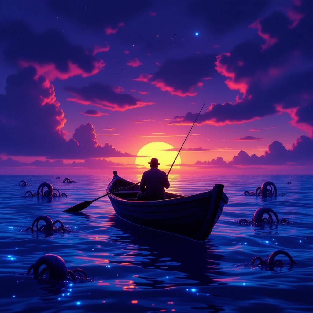 Fisherman on Bioluminescent Ocean Under Alien Sunset