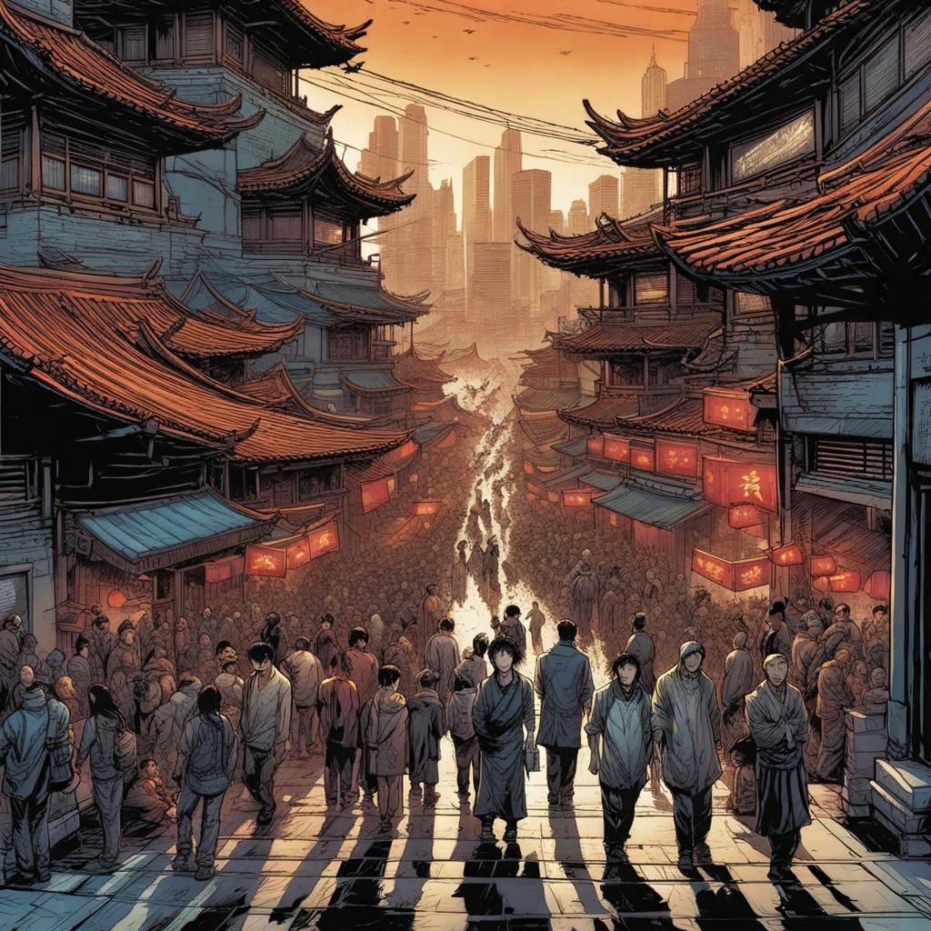 Cityscape Comic Book Art of Chinese People