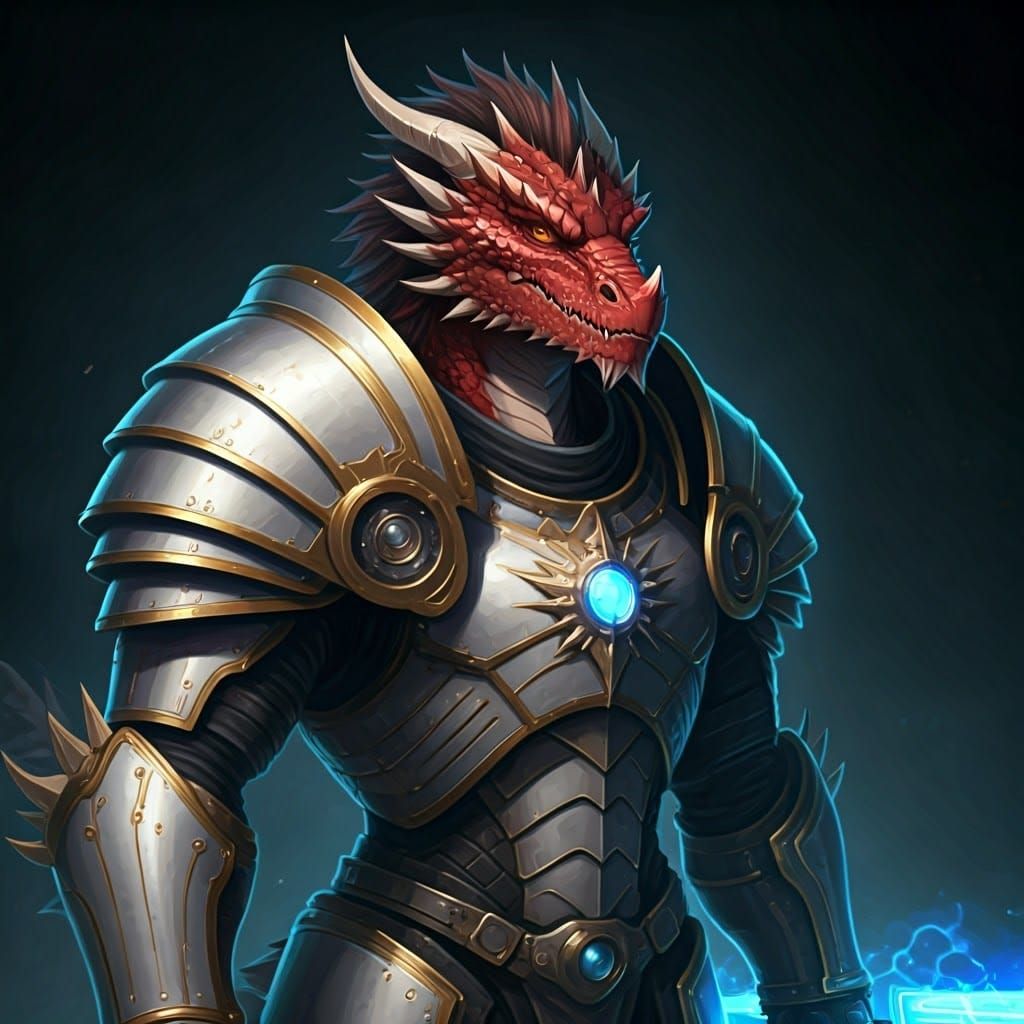 Dragon Warrior in Sci-Fi Armor with Glowing Sword