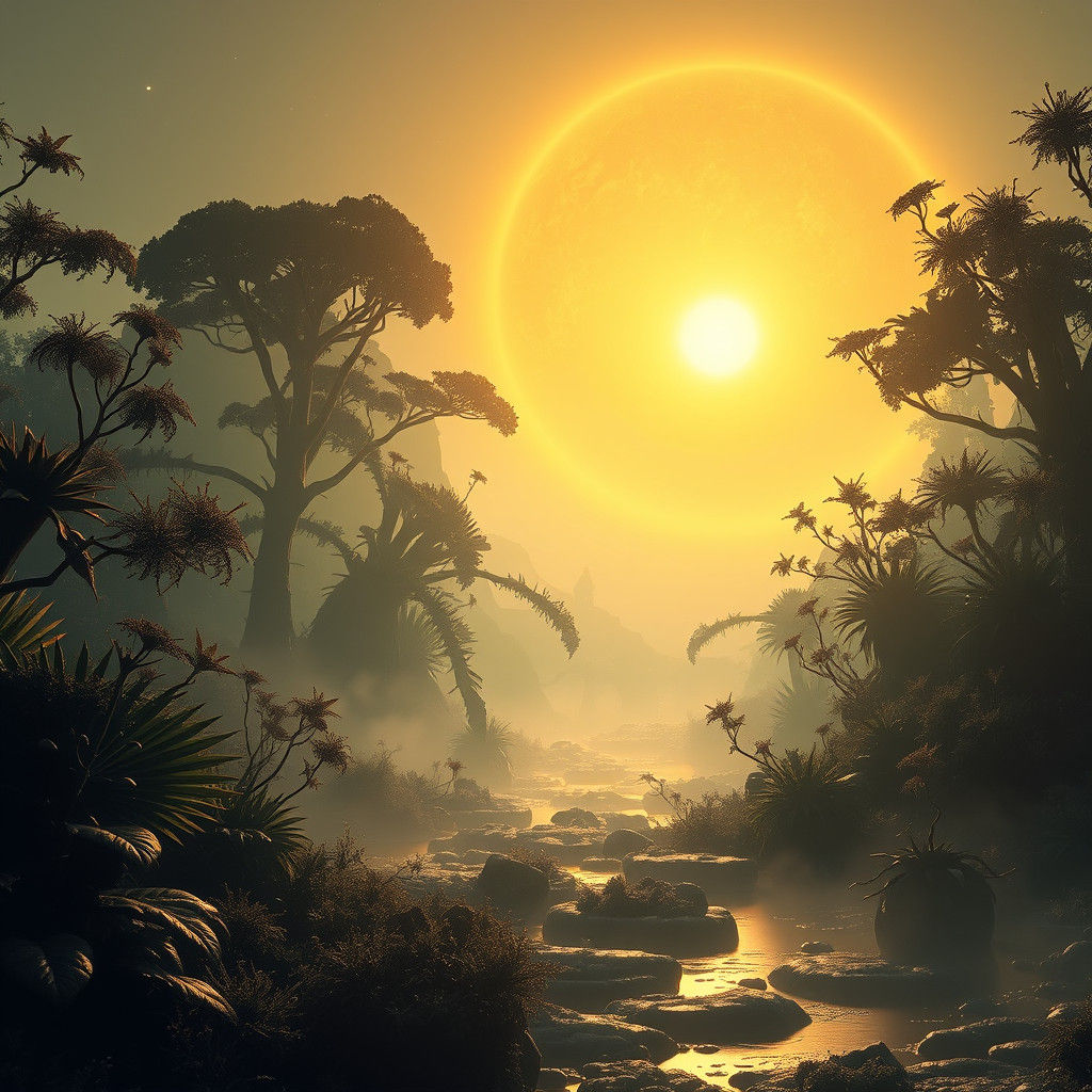 Exoplanet Landscape with Lush Alien Vegetation