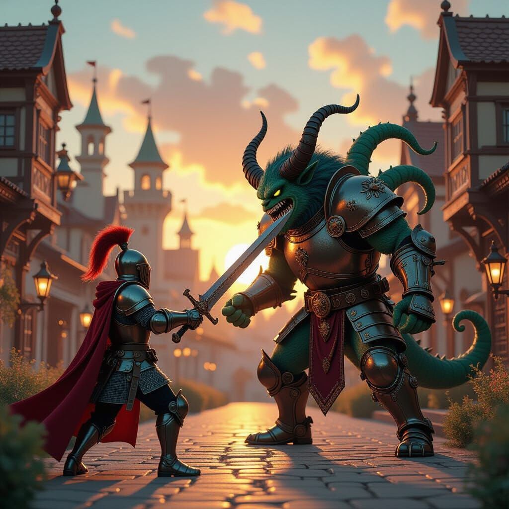 Knight Battles Monster in Steampunk City, Pop Art Style