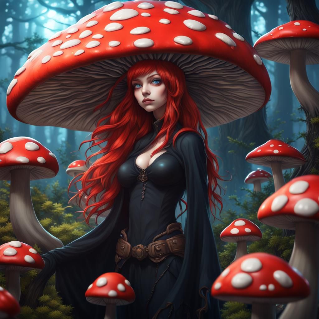 Anime Mushroom Woman in Fantasy Forest