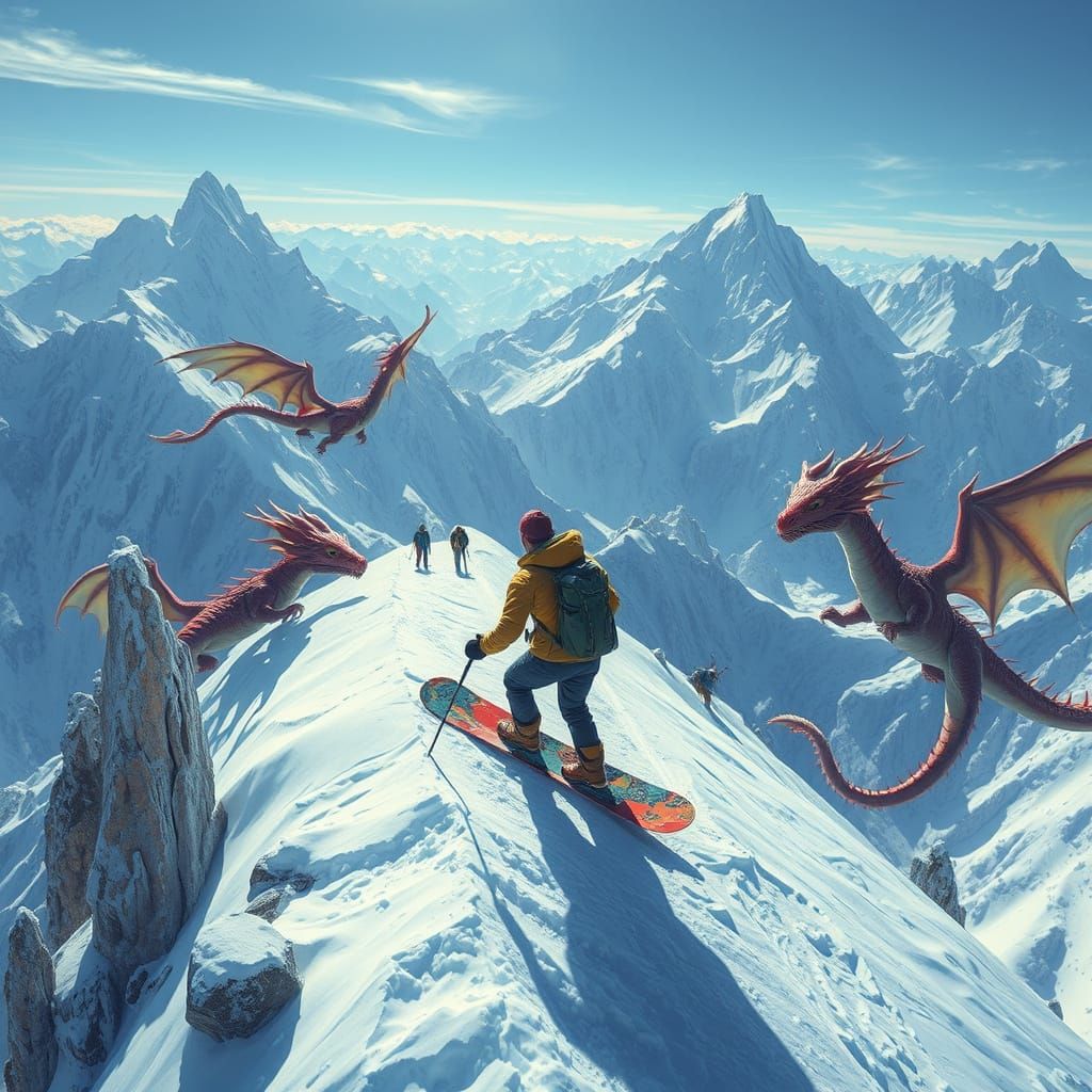 Dragons and Snowboarding Man in Digital Art Style
