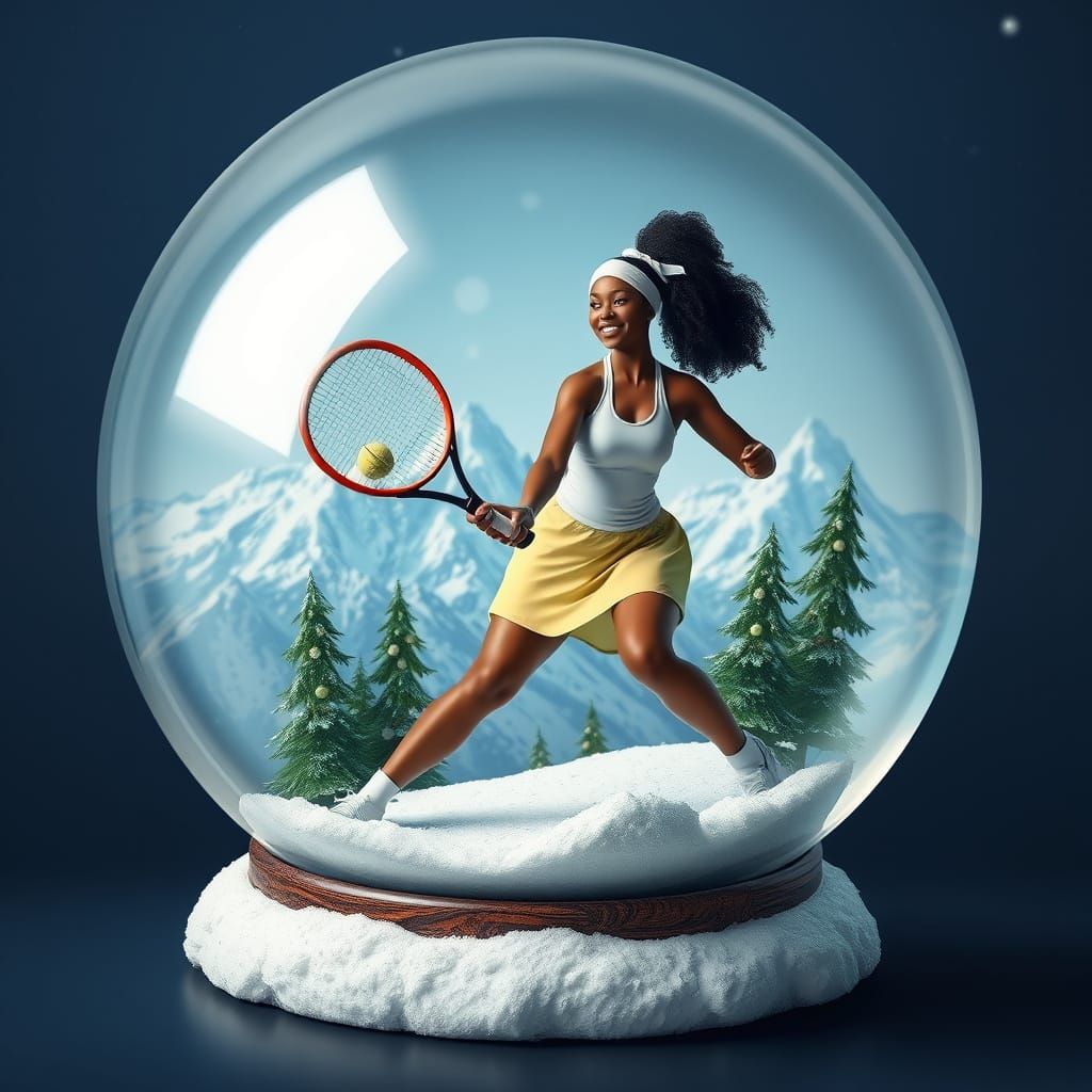 Tennis Player in Snow Globe with Mountains