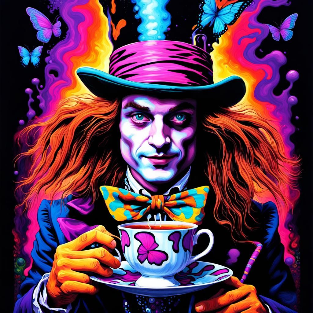 Black light poster of a long haired Mad Hatter in Wonderland, mushrooms and butterfly, tea cup,
Psychedelic, fluoresc...