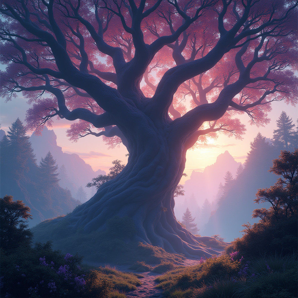 Mystical Tree in Gradient Sky, Matte Painting Style