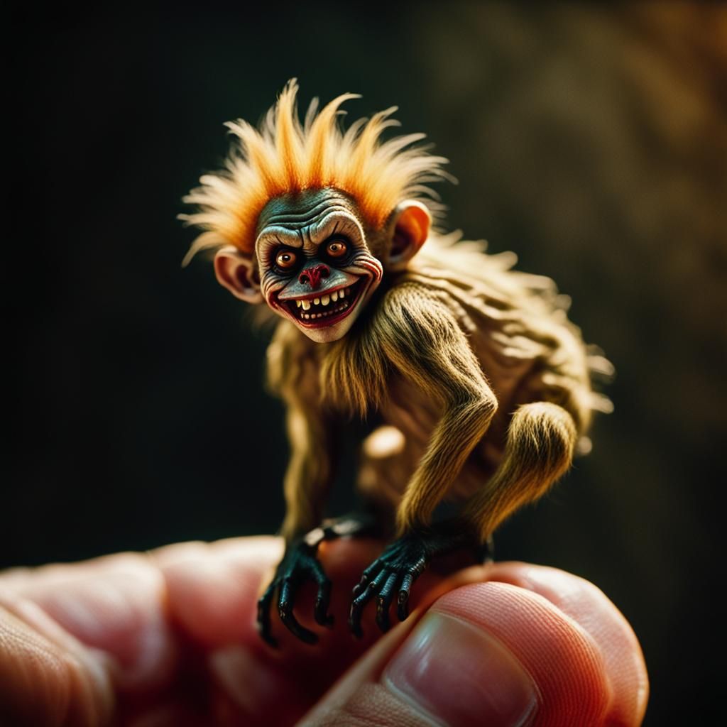 Grotesque Monkey Clown on a Fingertip, Cinematic Still