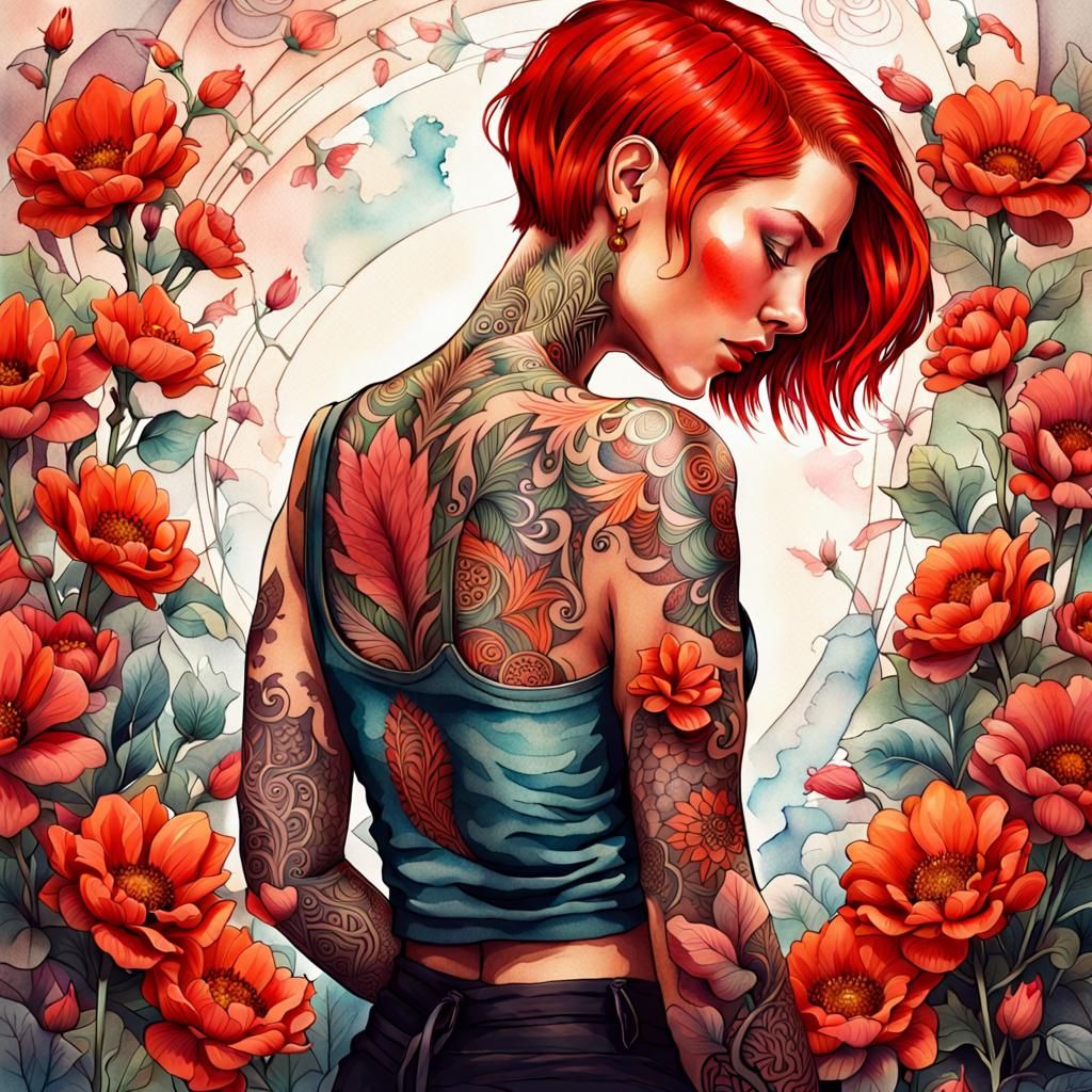 Red Haired Tattooed Goddess with Floral Tattoos