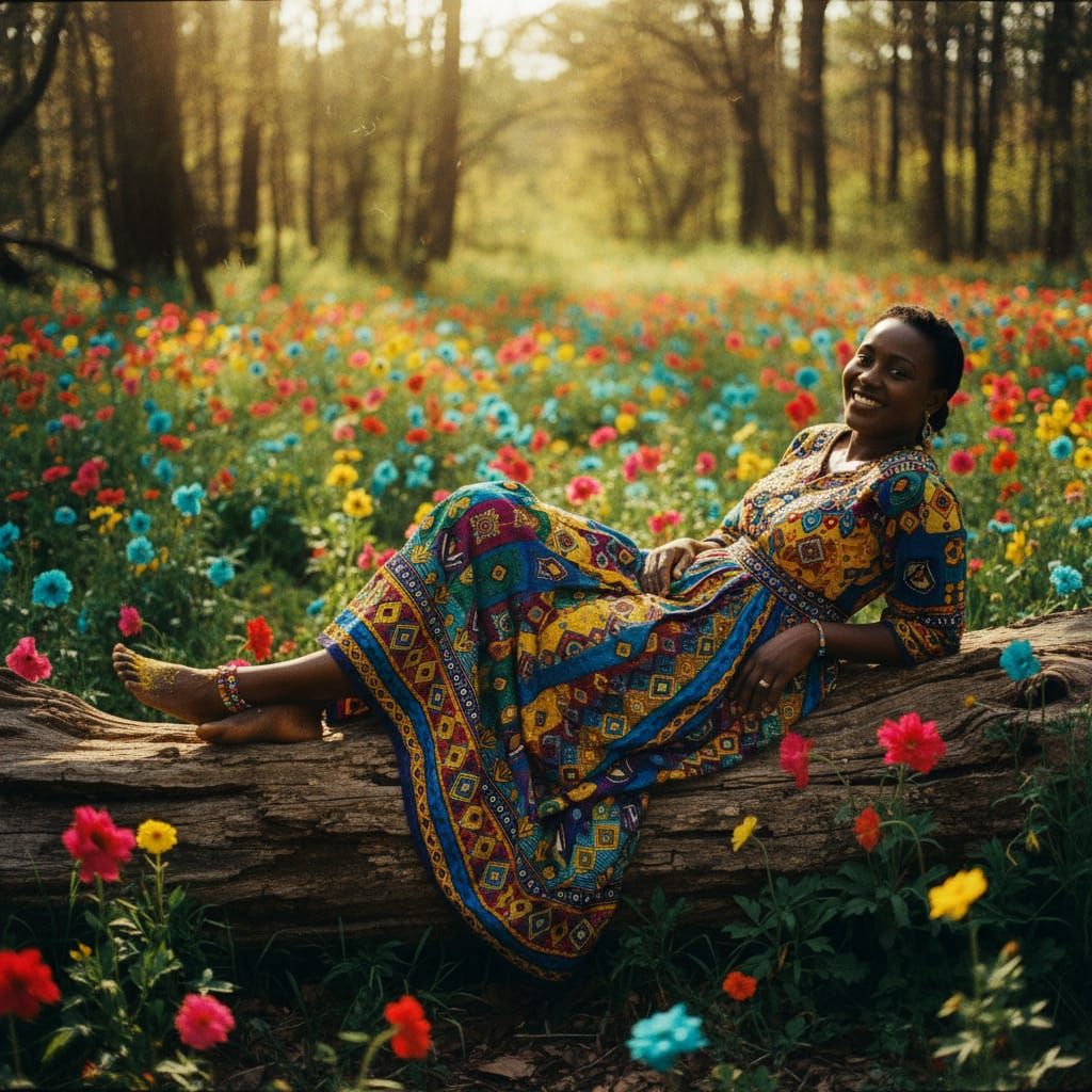 Vibrant African Woman in Wildflower Forest Clearing