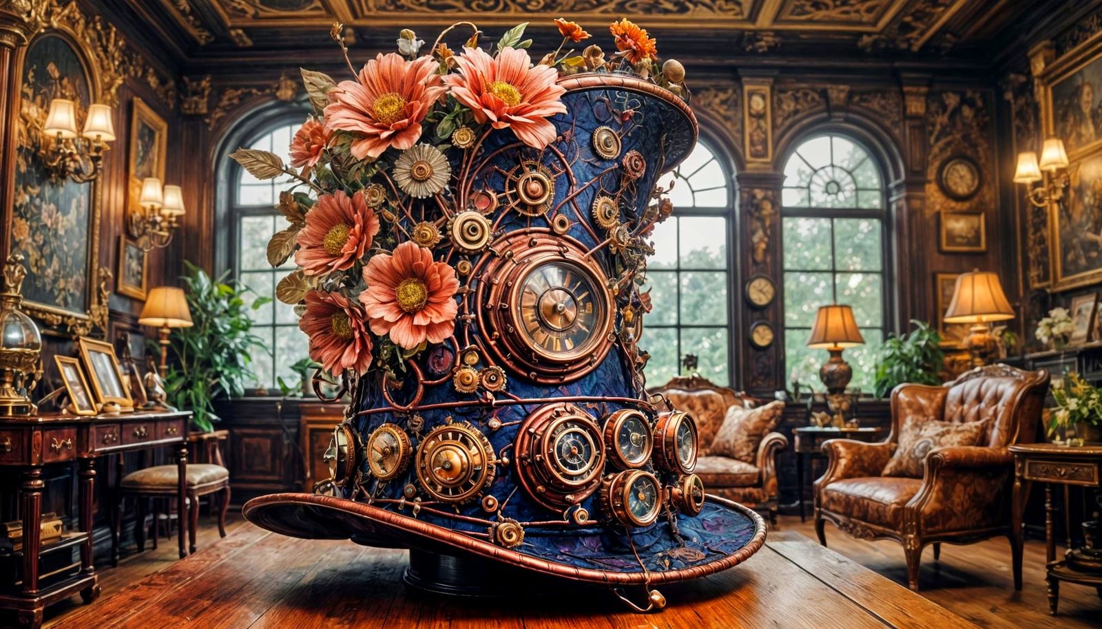 Intricate Floral Steampunk Hat in Elegant Setting
