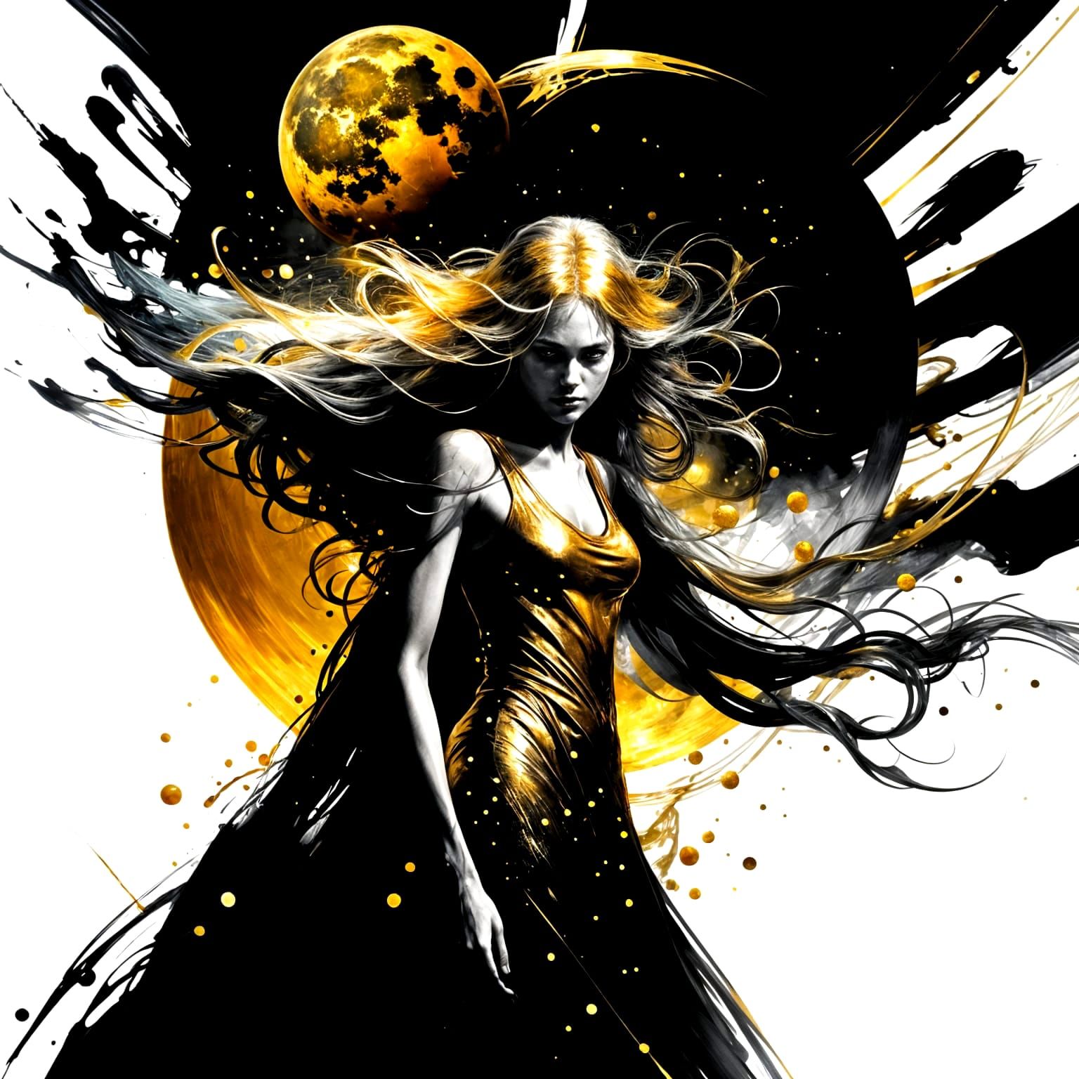 Golden Moon Eclipse Over Misty Ocean Landscape