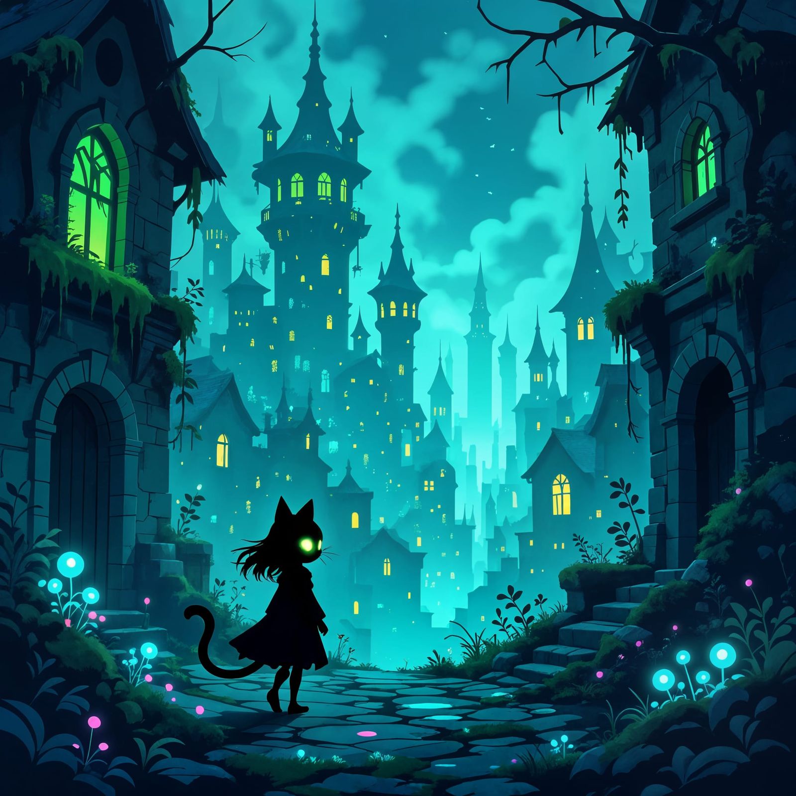 Dark Fairy Tale Catgirl in Bioluminescent Forgotten City