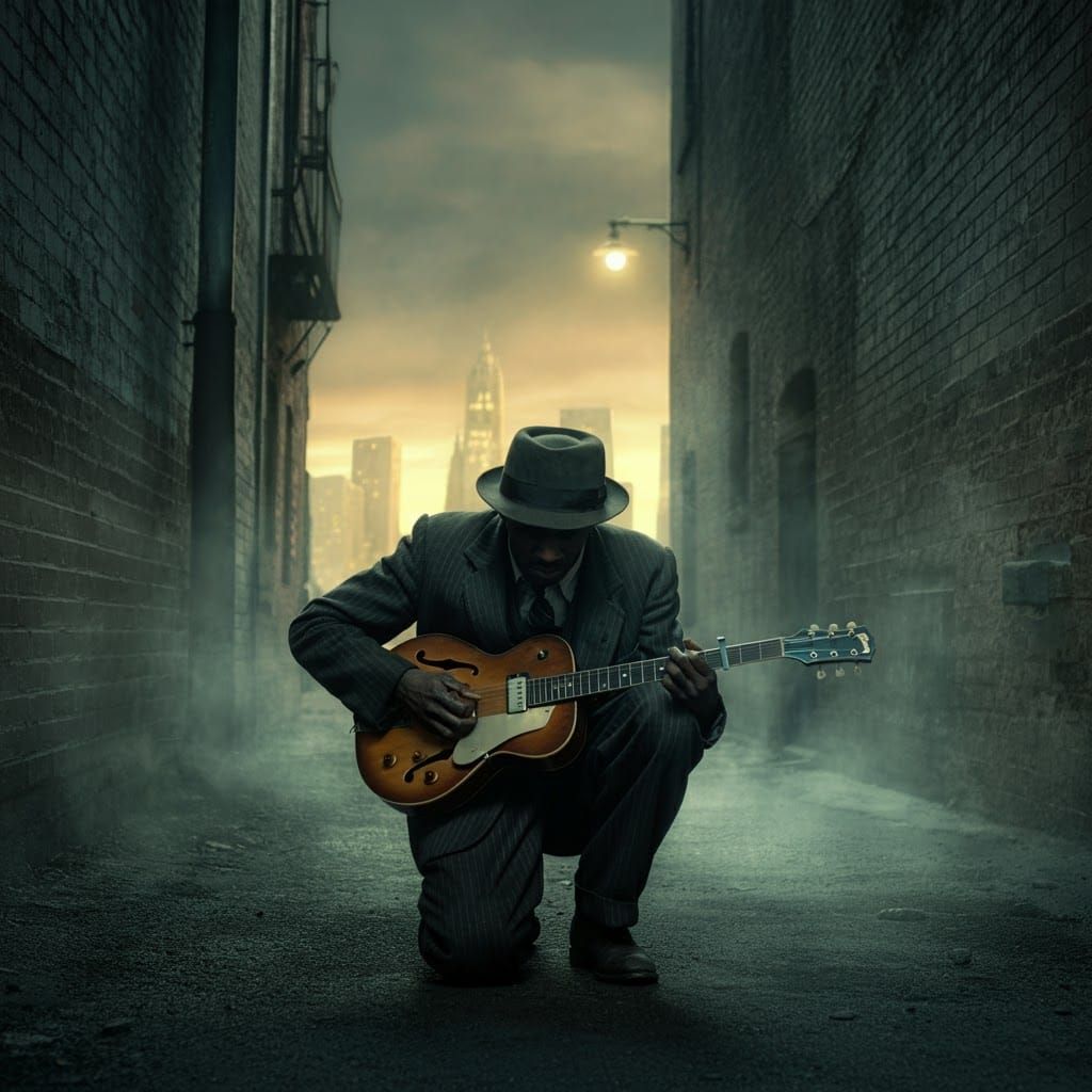 Blues Musician in Foggy Alleyway at Dusk