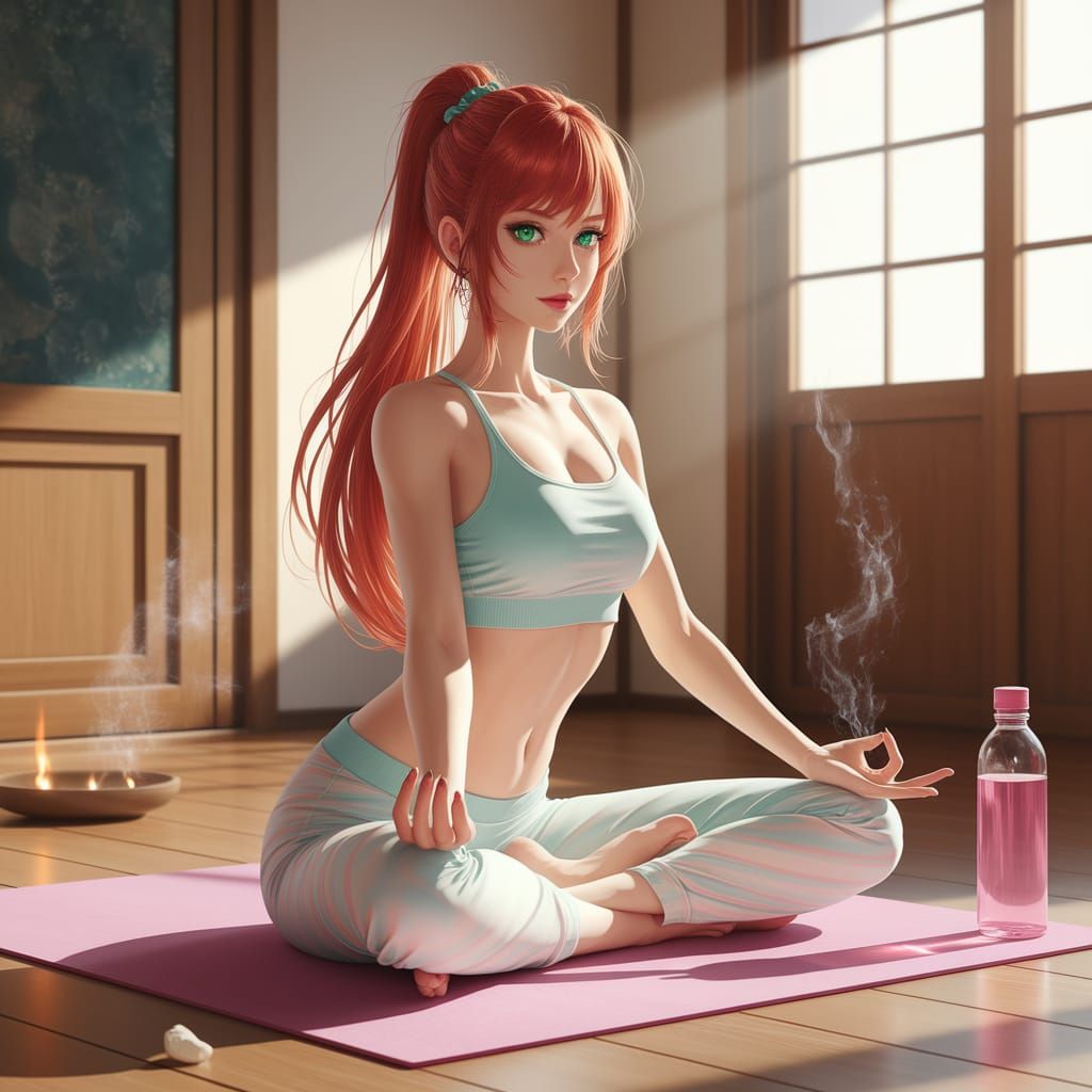 Japanese Woman in Ustrasana Yoga Pose, Watercolor Style