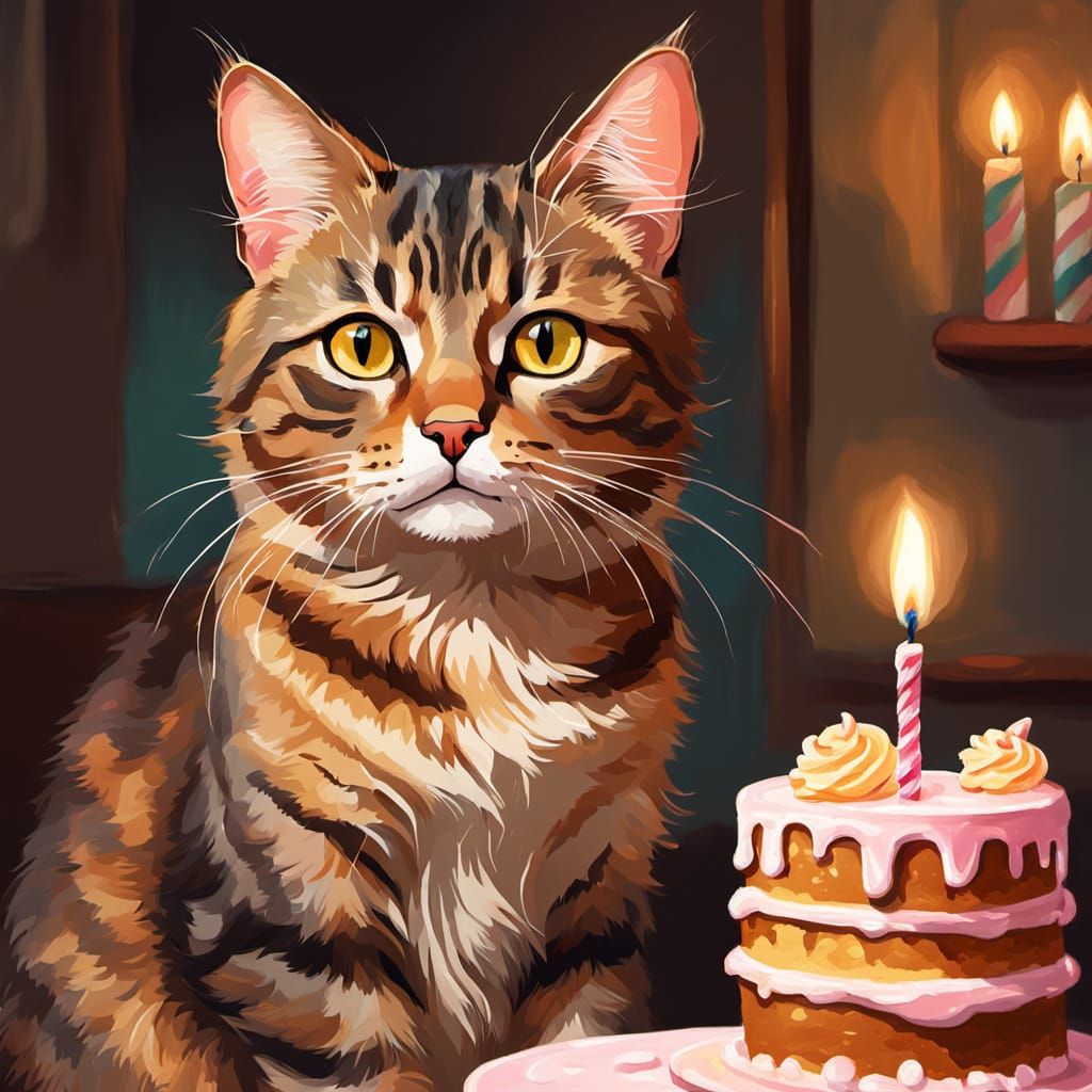 Brown Tabby Cat Beside Birthday Cake in Whimsical Style