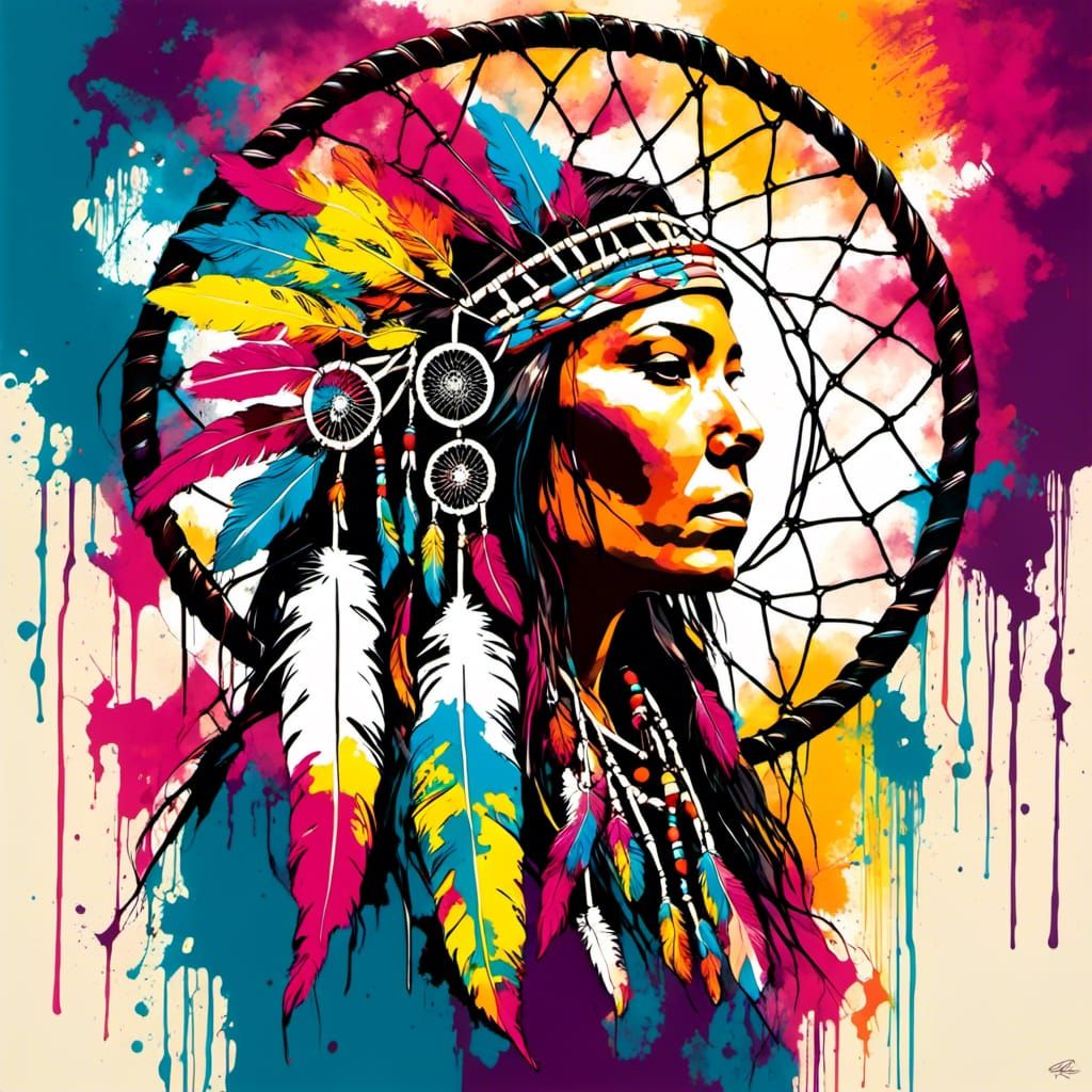 "double exposure colorful dream catcher and Native American ...