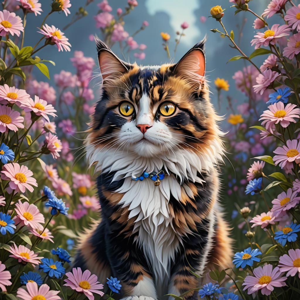 Cute Calico Cat with Yellow Eyes, Detailed Digital Art