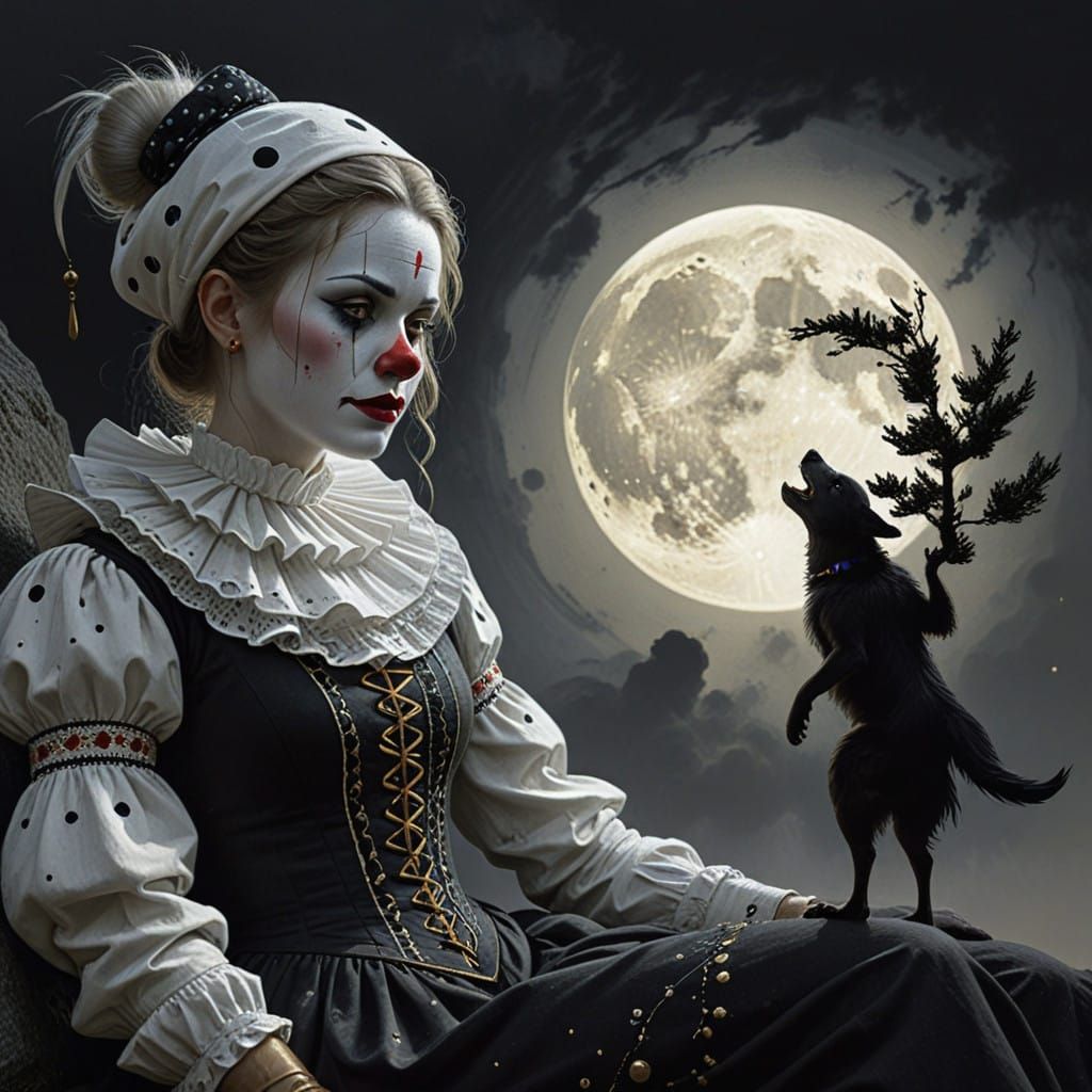 Ethereal Clown Hugs a Felt Moon in a Dreamlike Scene