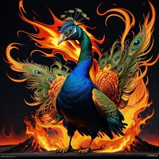 Fiery Peacock on Volcano: A Surreal Oil Painting