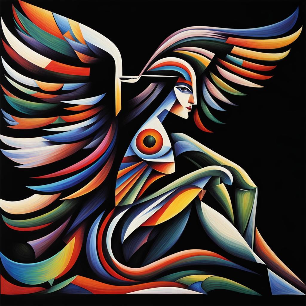 Abstract Cubist Thunderbird Wild Woman in Rainbow