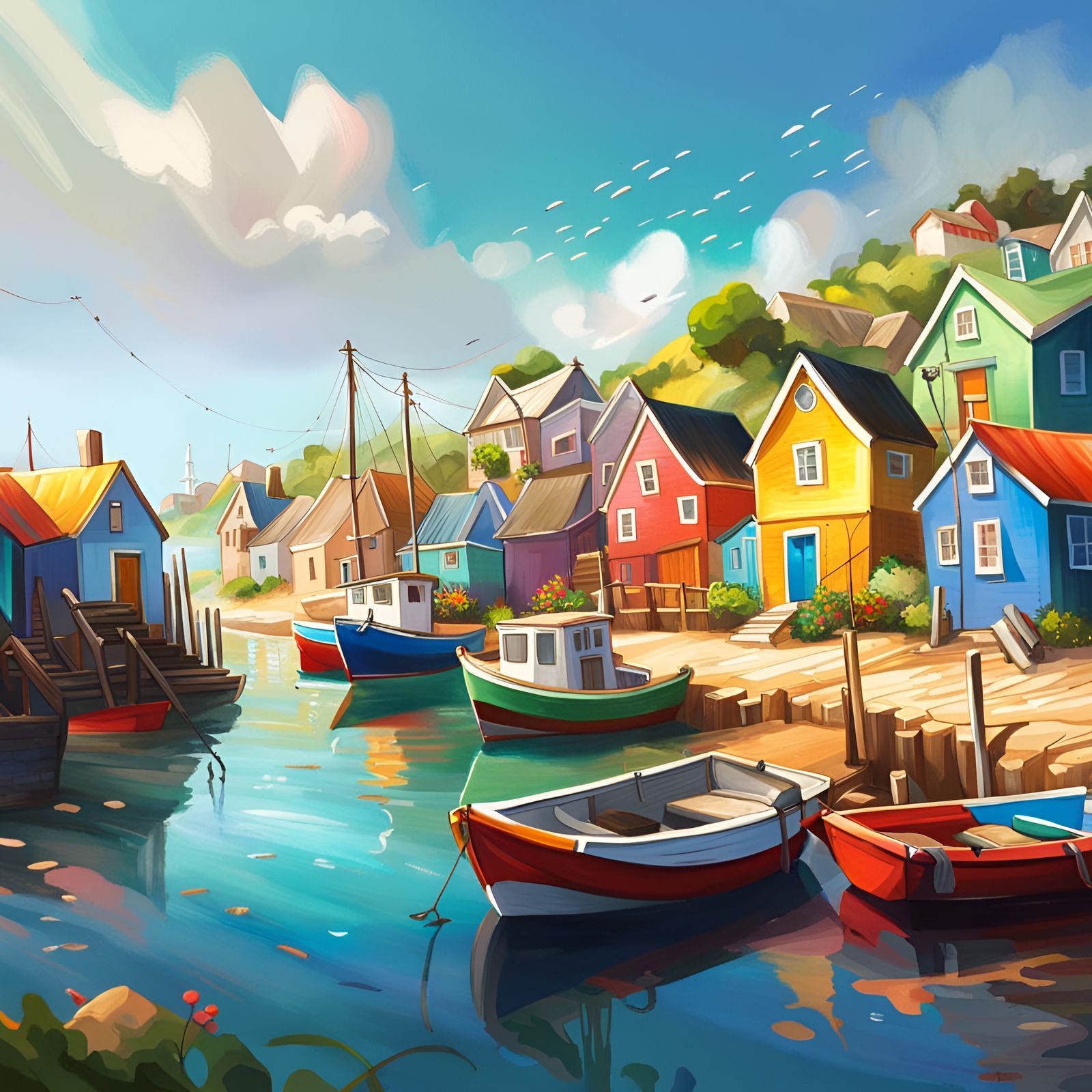 Colorful Coastal Fishing Village in Hyperrealistic Splash Ar...