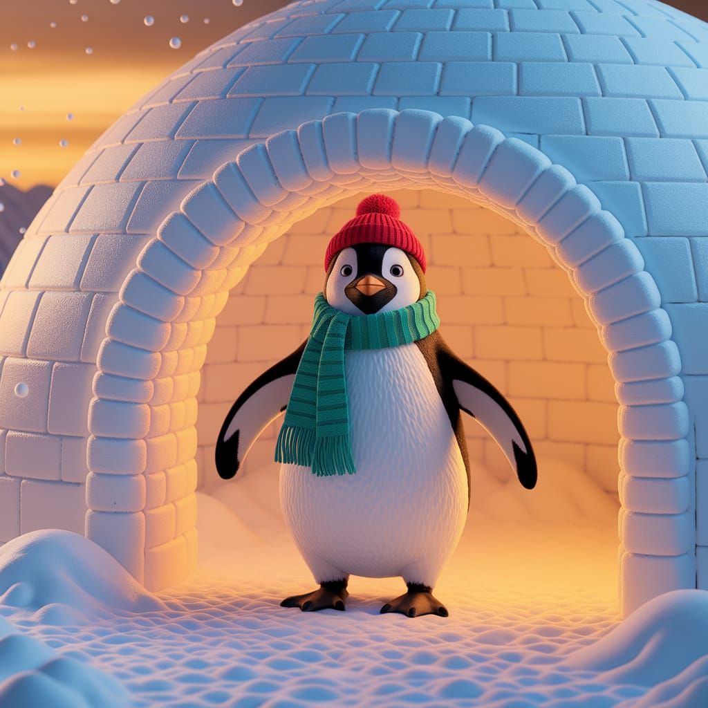 Penguin in Igloo with Red Hat and Green Scarf
