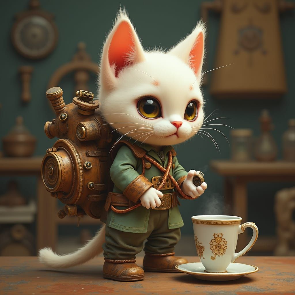 Steampunk Coffee-Powered Kitten in Laboratory