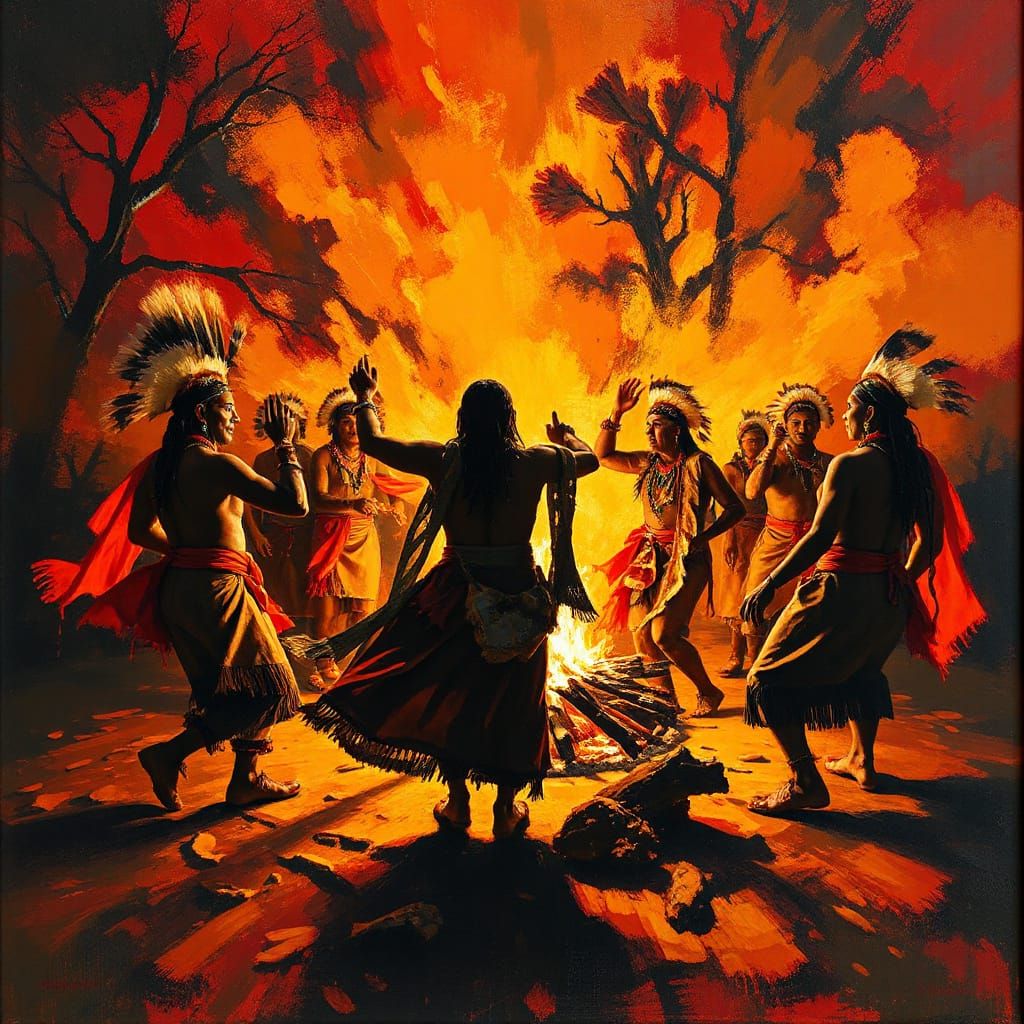 Indigenous People Dance Around Bonfire in Expressionist Styl...