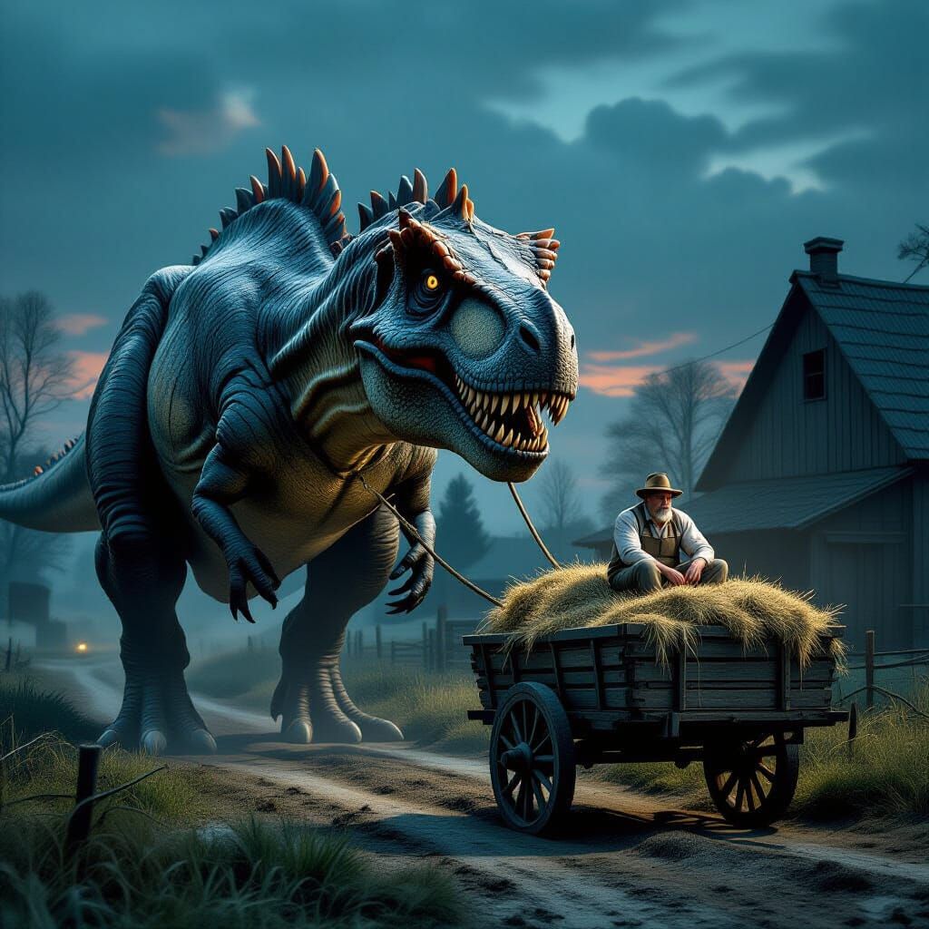 Dinosaur Working on Farm in Dystopian Style