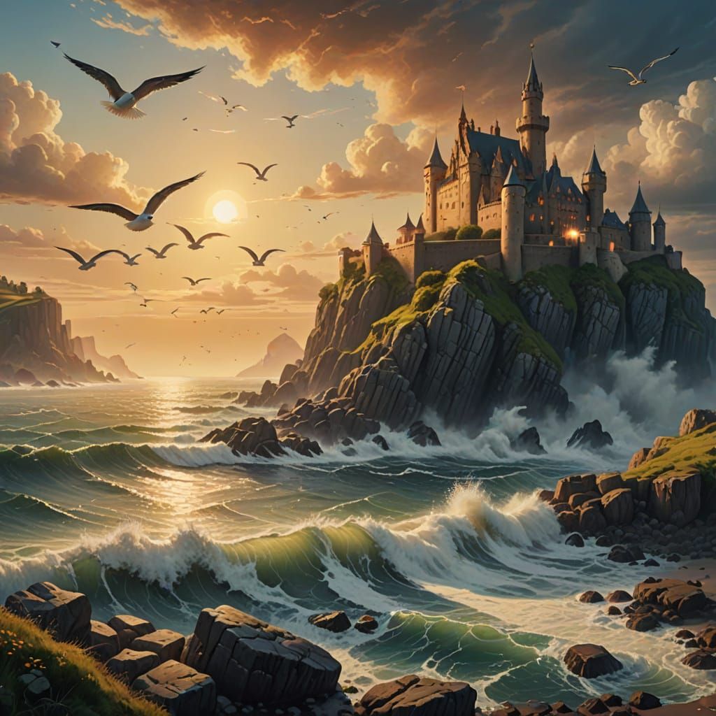 Majestic Seaside Castle in Dreamy Oil Painting
