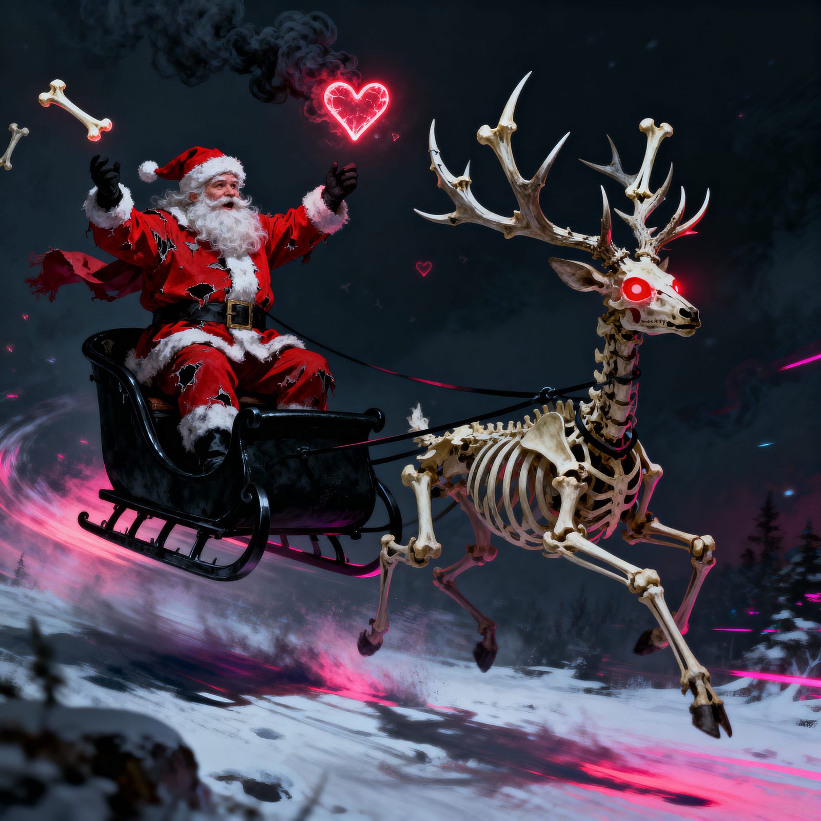 Santa Claus Rides Skeleton Deer Sled Launching Bone Hearts
