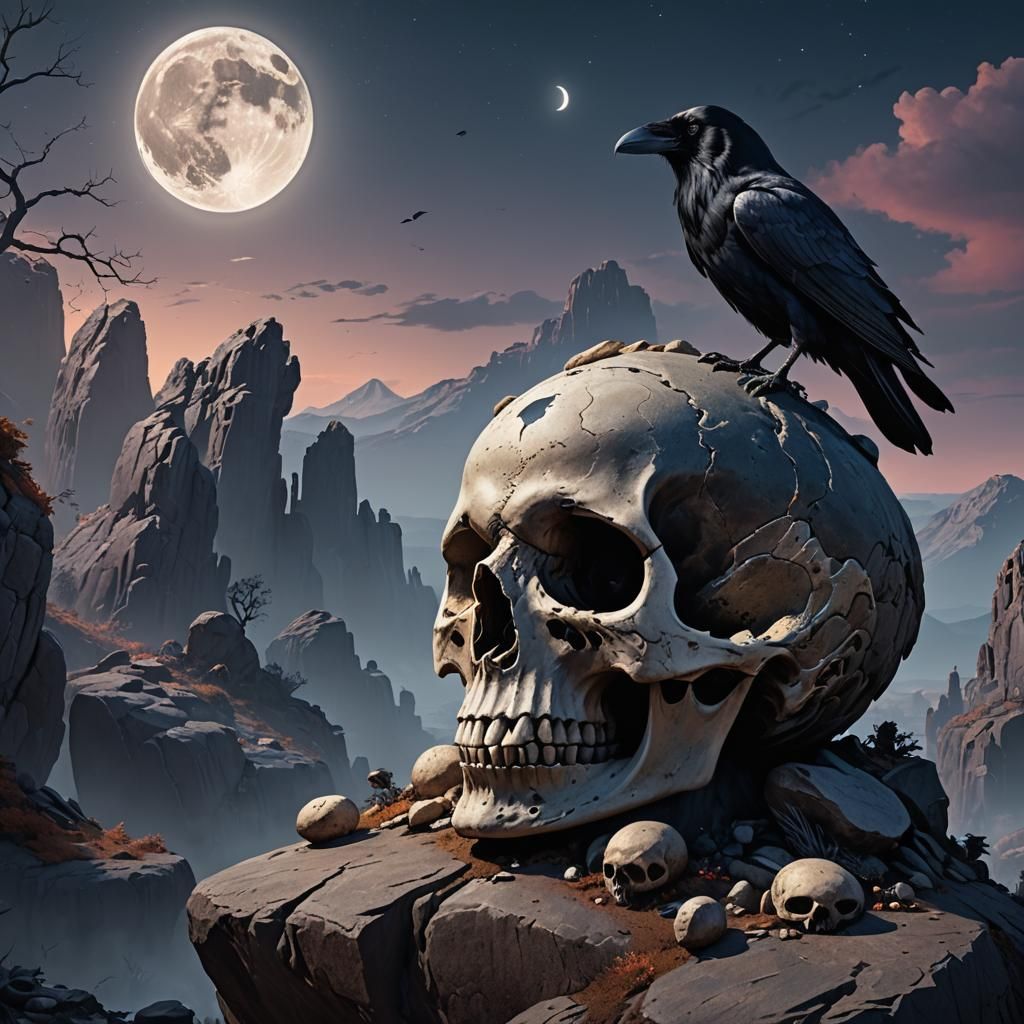 Raven on Skull Under Moonlight: Fantasy Concept Art