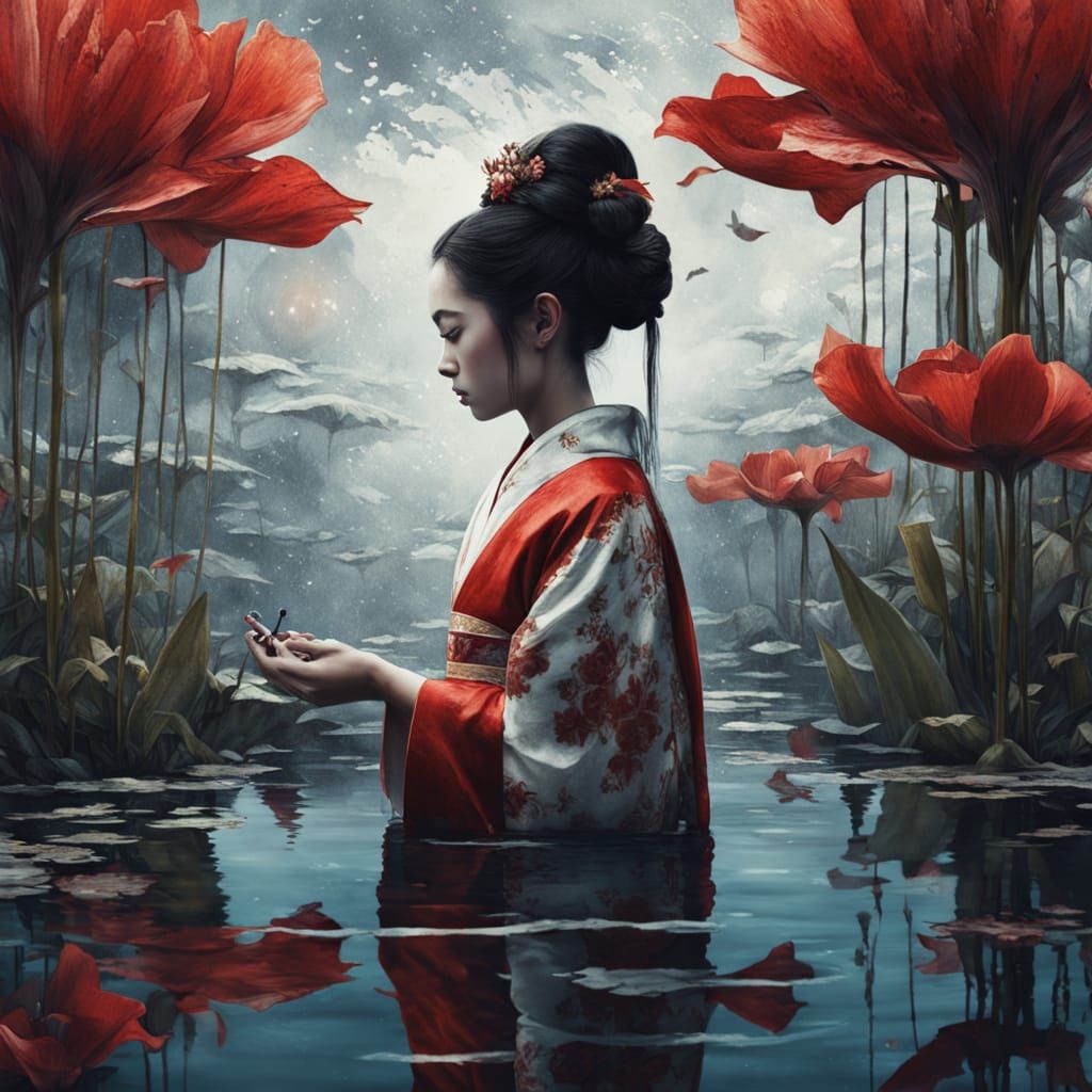 Dark Fantasy Geisha Reflects in Cosmic Pond