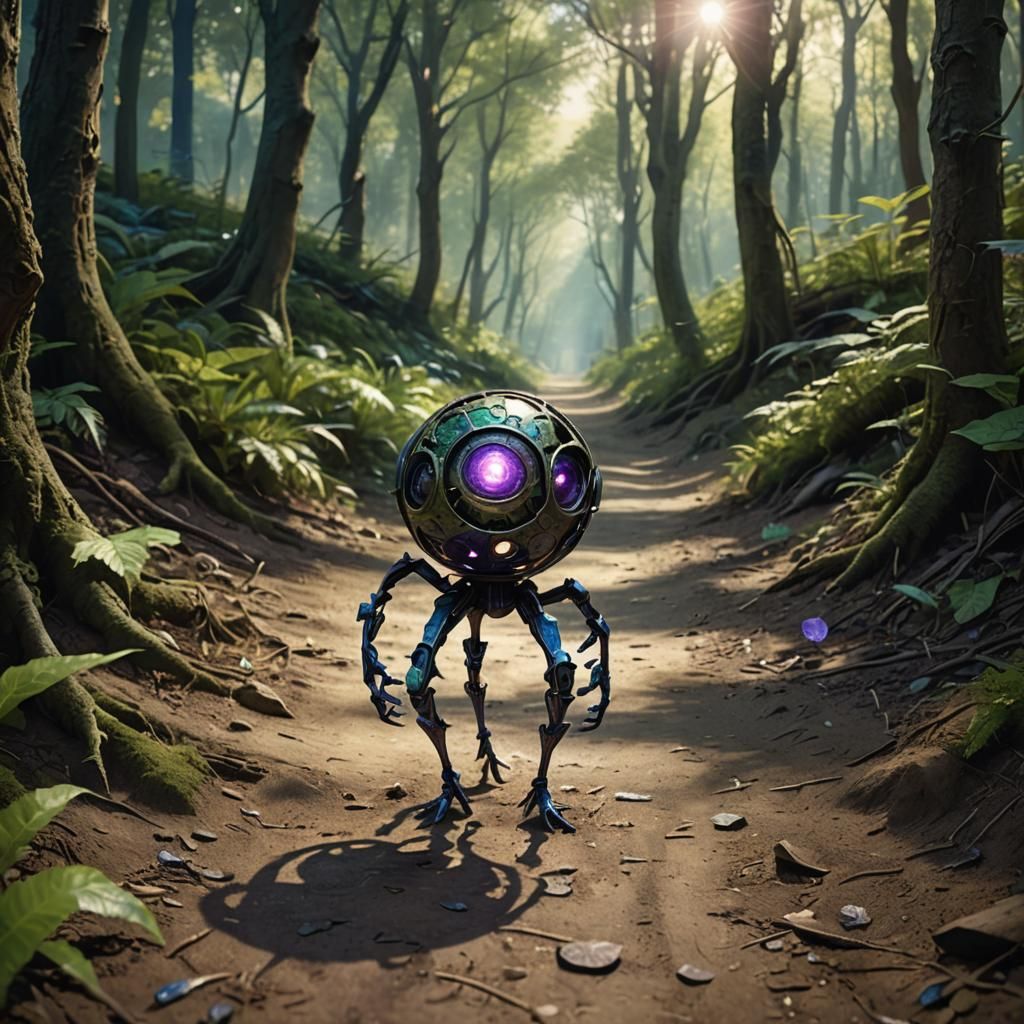 One-Eyed Metal Creature in Fantasy Forest