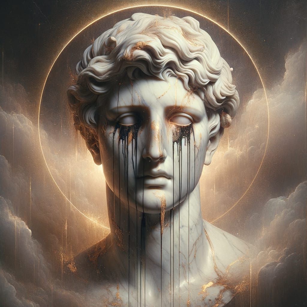 Distressed Androgynous Marble Statue in Hyperrealistic Digit...