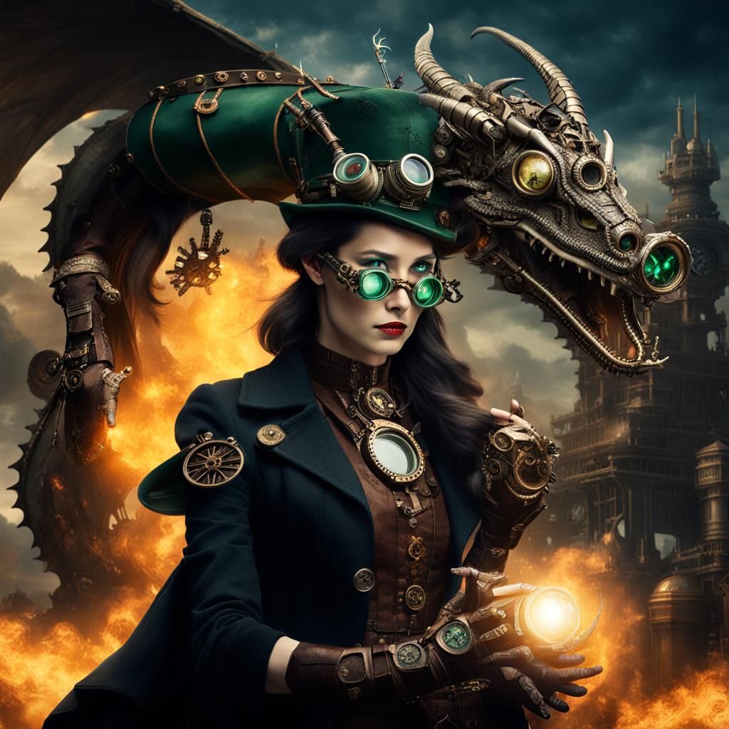 Steampunk Woman with Mechanical Dragon Companion