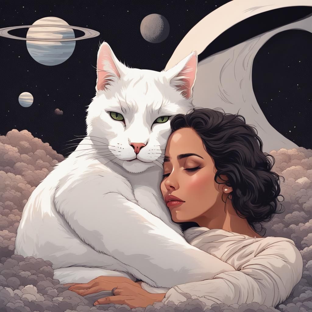 White Cat Comforting Woman on Alien Planet