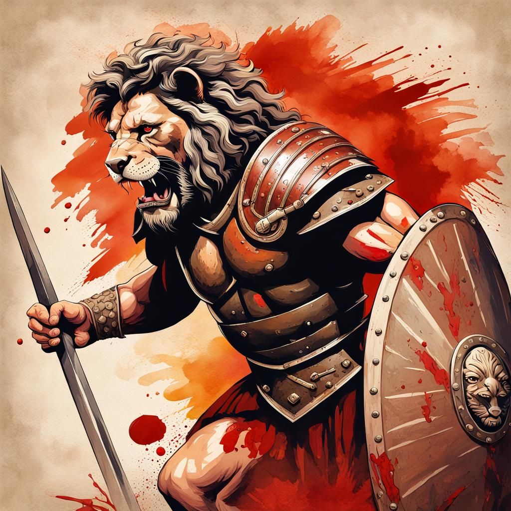 Ferocious Lion and Roman Gladiator Watercolor Poster