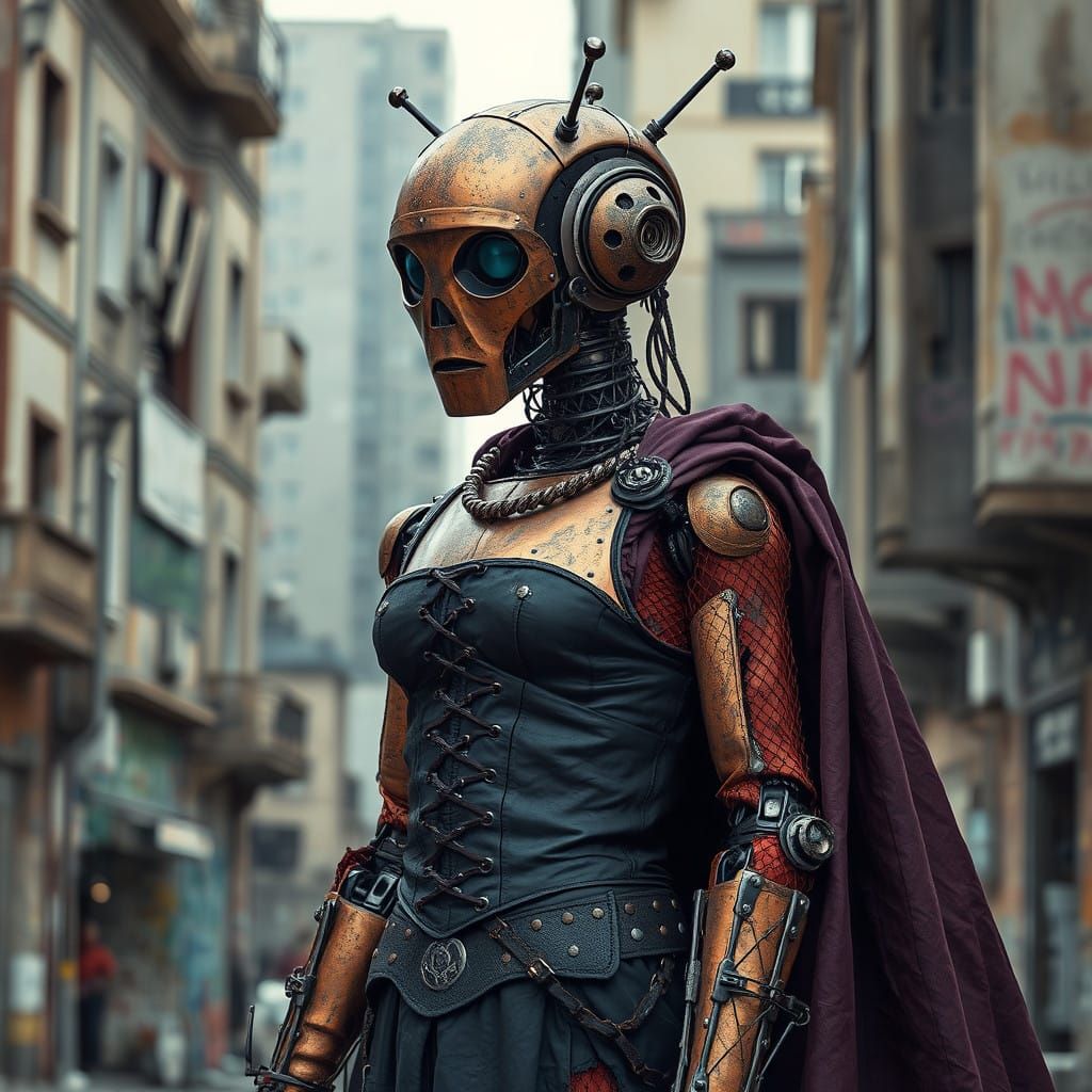 Cyberpunk Robot in Medieval Punk Attire Amidst Brazilian Cit...