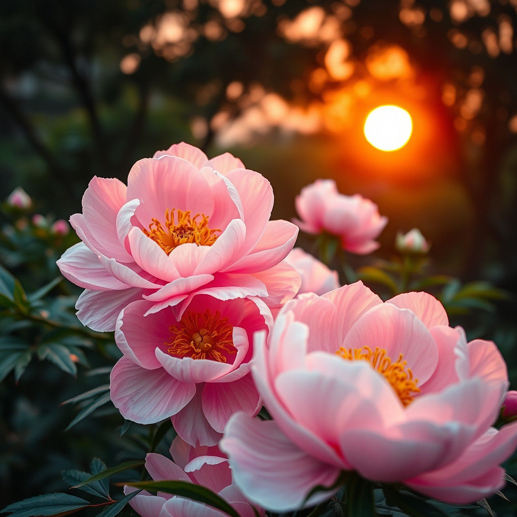 Pink Sunrise Over Japanese Peony Garden in HDR