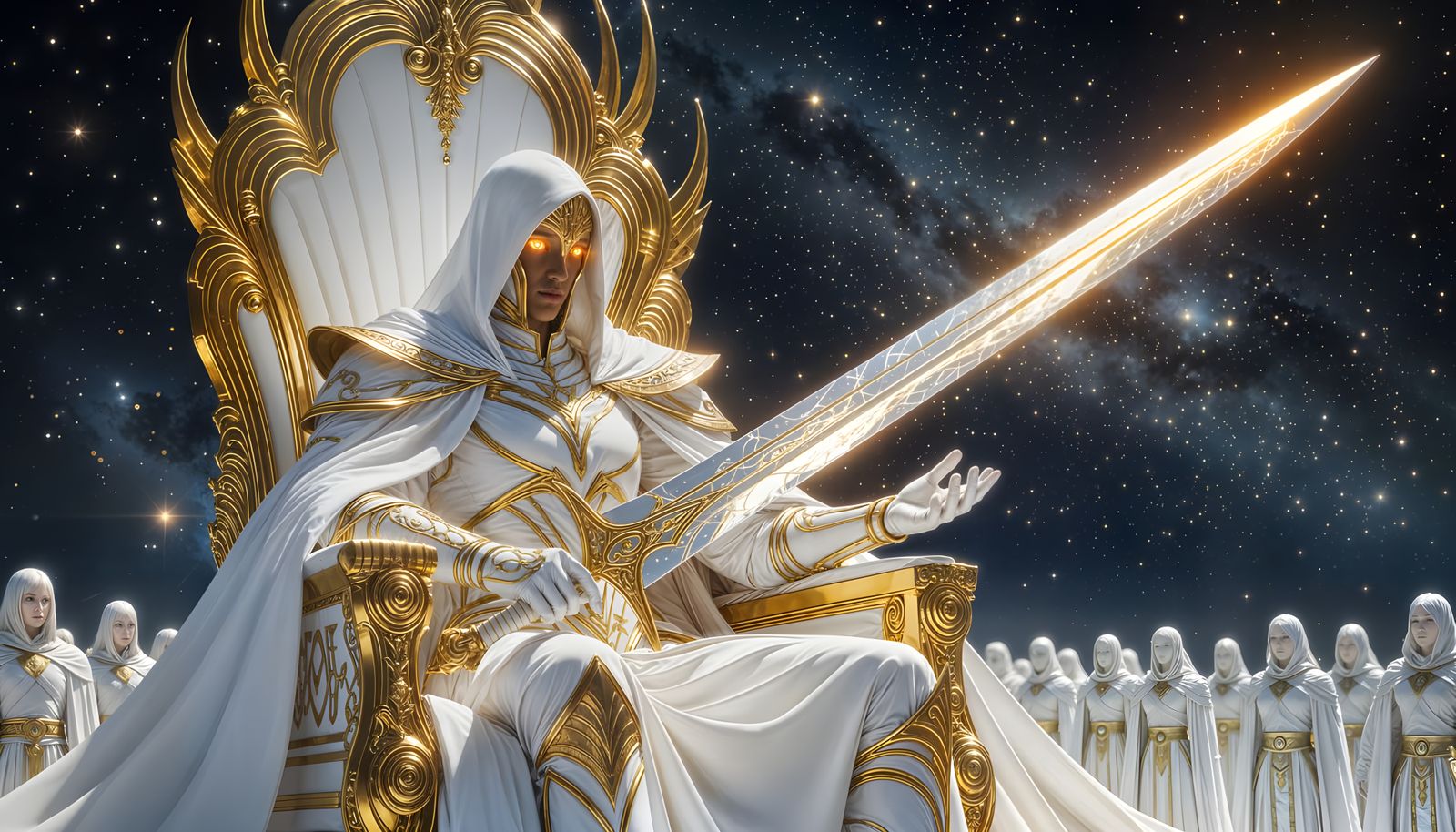 Cosmic Guardian on Throne with Galaxy Background