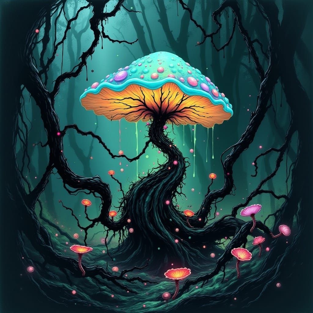Enchanted Fairy Mushroom House in Bioluminescent Forest