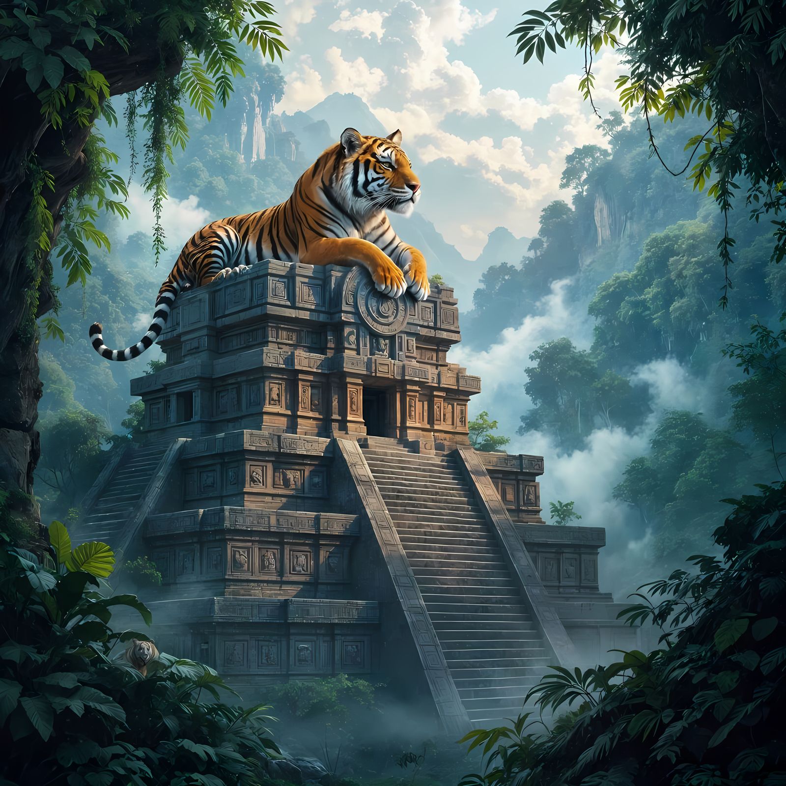 Tiger Perched Atop Aztec Temple in Jungle Mist