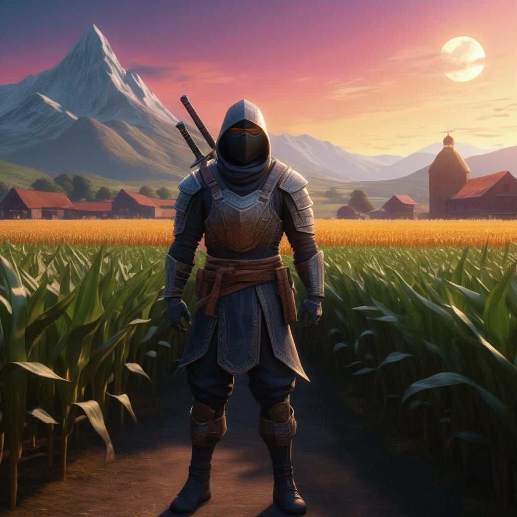 Mall Ninja Amidst Sunset Farm in Oil Pastel Drawing Style