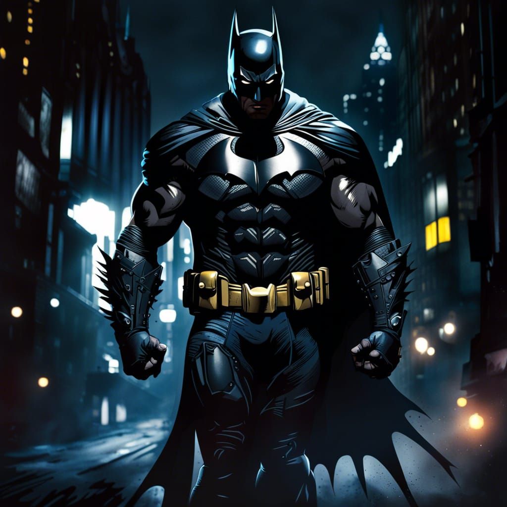 Black Batman in Gotham City Alley at Night