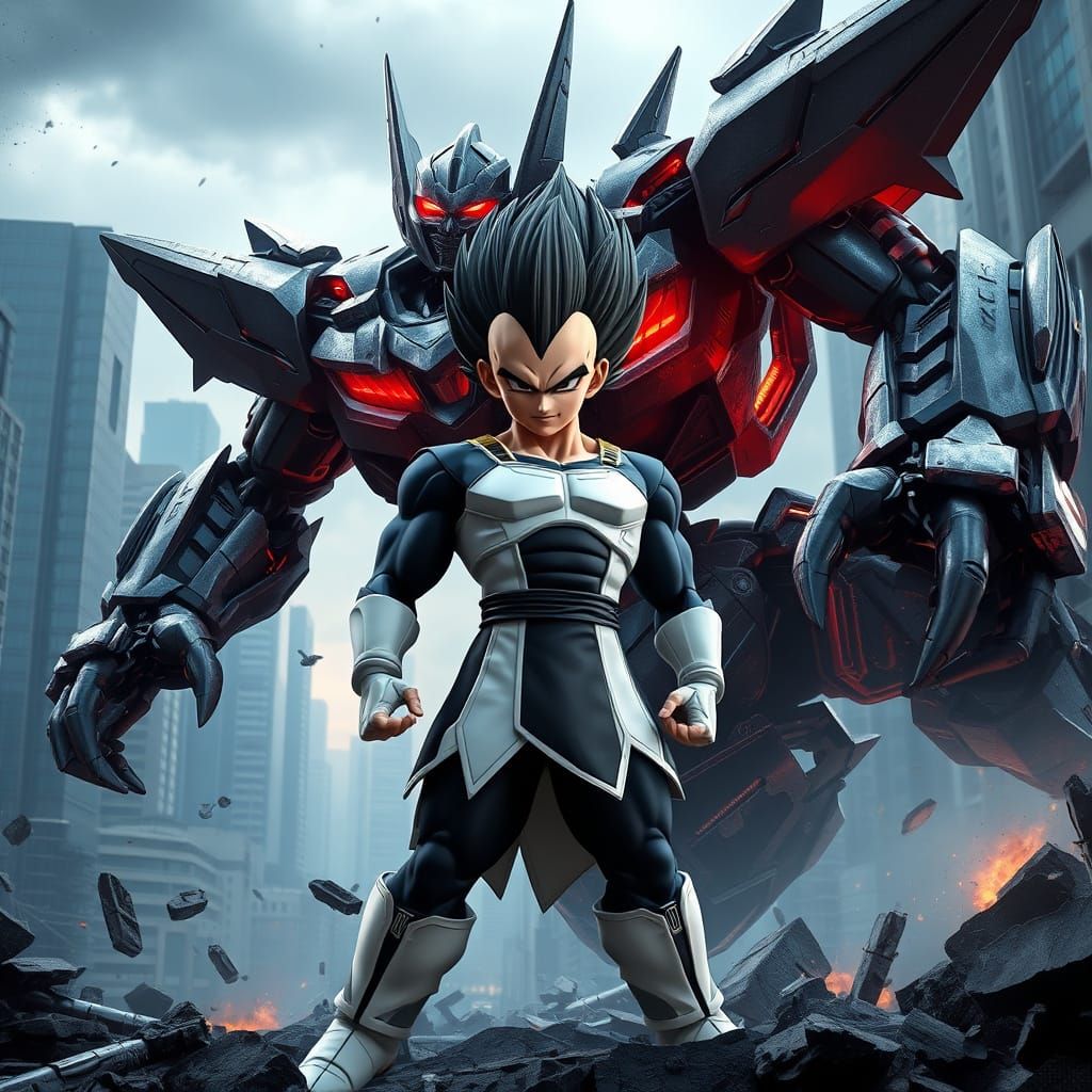 Dragon Ball Z Warrior Confronts Transformer in Dystopian Cit...